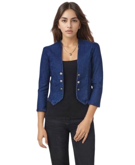 ootptaang Women's Denim Coat Shrug, Navy Blue, Button Front, 3/4 Sleeve, Cropped Style-picture-47