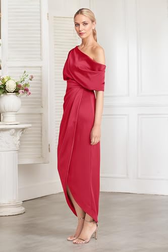 Everlong One Shoulder Satin Mother of The Bride Dresses Short Sleeve Formal Party Gowns for Women with Slit EL0154