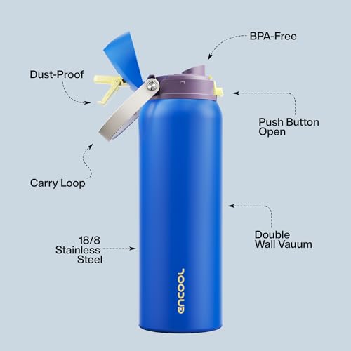 Image of Insulated Water Bottle with Straw - Encool Stainless Steel Water Bottle with Push Button Lid, Leak-Proof & BPA-Free, Keeps Cold for 24 Hours for Sports, Travel, Gym (40 oz, Sapphire)