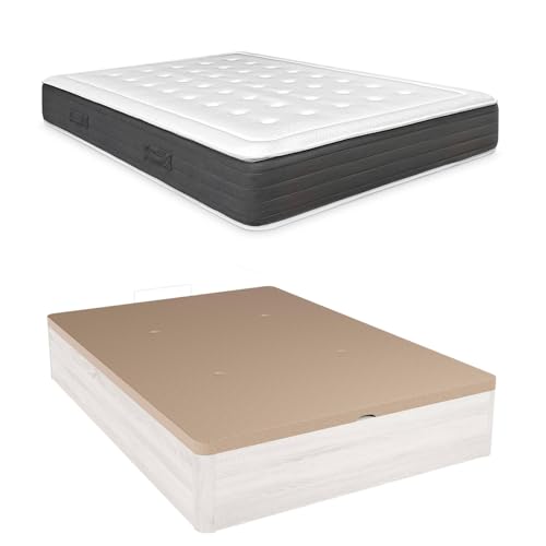 Somnia Descanso - Pack Colchón Viscoelástico Creta + Canapé Madera Abatible Gran Capacidad | Color Polar 150 x 200