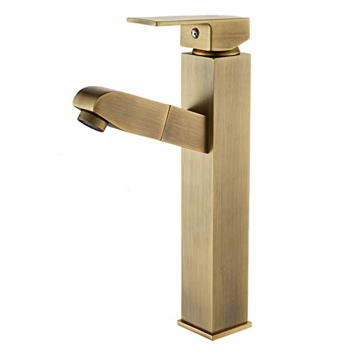 Kitchen Sink Taps Pull out Shower Basin Mixer Tap, Brass Square Sink Mixer Faucet with Single Handle Bubbler Hot and Cold Adjustable, Retro Brushed Finish Bathroom Tap for Hotel Toilet