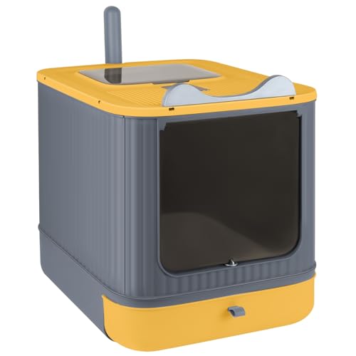Lettiera per gatti in stile cassetti, lettiera per gatti con pala, vassoio estraibile, fondo a prova di perdite (44,5 x 36,5 x 34,5 cm, giallo)