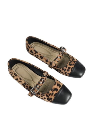 Women’s Leopard-Print Mary Jane Flats with Black Leather Toe – Retro Flat Shoes with Adjustable Strap for Casual Style (Wide-Foot Friendly, Sizes 6–10.5)