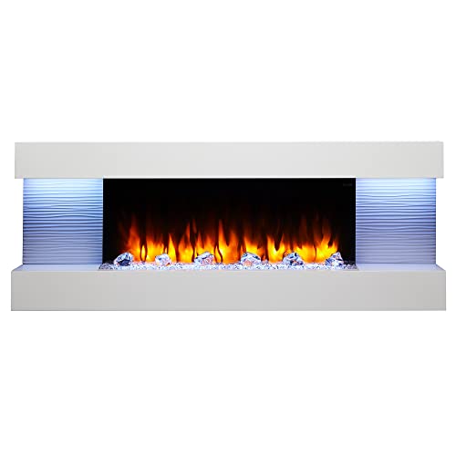 Simplifire 60-Inch Format Floating Mantel Wall Mount Electric Fireplace | Finished White Mantel | Log & Crystal Hearth Options | 1500 Watt Heater | Remote Control Included #TOP4