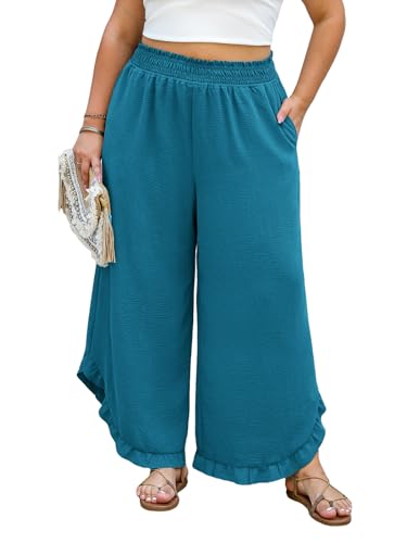 CUPSHE Women's Plus Size Wide Leg Pants Loose Trousers Flowy Straight Lounge Elastic Waist Palazzo Pants with Pockets