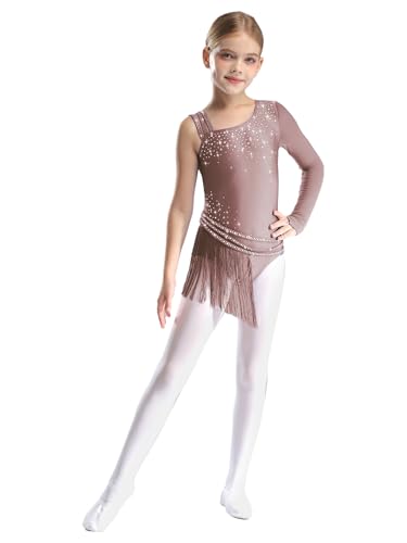 Yihuimin Vestido de ballet para niña con lentejuelas brillantes, con un hombro, con borlas, traje de gimnasia, altrosa, 110-116