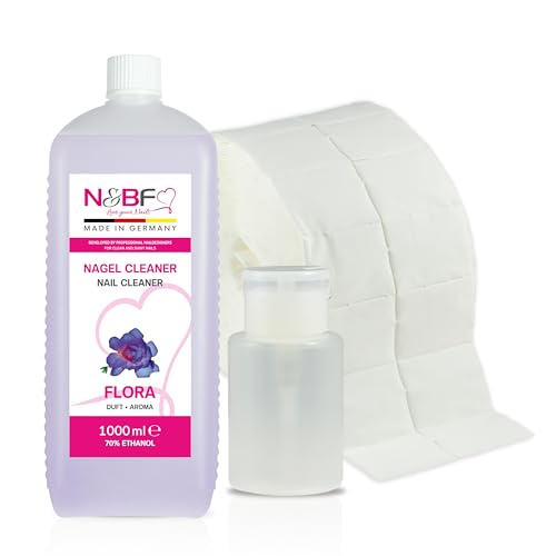 N&BF Limpiador de uñas All for One con aroma a flora 1000 ml + botella dispensadora (blanco) + 1000 almohadillas de celulosa (2 rollos de 500 unidades) 70% alcohol etanol 1 litro – Limpiador de uñas