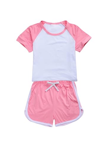 Kids Girls Boys 2-piece Tracksuit Short-sleeve T-shirt With Bowknot Elastic Waist Shorts Activewear Pink 3-4 Years