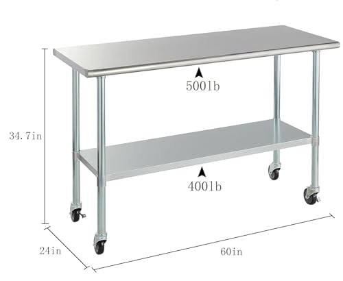 Image of ROCKPOINT Stainless Steel Table for Prep & Work with Caster Wheels 24x60 Inches, NSF Metal Commercial Kitchen Heavy Duty Table with Adjustable Under Shelf and Table Foot for Restaurant, Home and Hotel