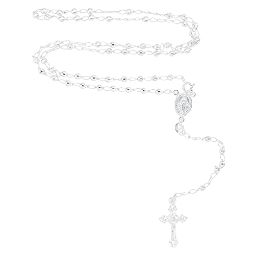 Solid 925 Sterling Silver Diamond Cut 3mm-5mm Italian Virgin Mary Rosary Bead Cross Necklace | Made In Italy | 925 Sterling Silver Rosary Y Necklace Chain for Women And Men