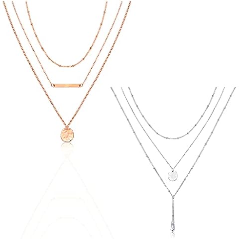 LIAO Jewelry 2 Pcs Bohemia Layered Necklace Set Multilayer Choker Necklaces Simple Coin Bar Pendant Station Chain Necklace for Women (Rose Gold + Silver) Cover