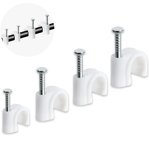 Xahpower 400 Pezzi Fermacavi Muro, Fermacavi Rotondi Bianchi con Chiodi, Fermacavo per Ethernet, USB, Rete, Telefonici, 4mm/6mm/8mm/10mm