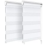 VOUNOT® Set of 2 Day and Night Blinds No Drill, Zebra Roller Blinds for Windows, Double Layer Translucent and Blackout Fabric, Easy Installation Window Shades, White, 50 x 150 cm