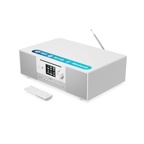 CD-Player mit Internet, DAB, FM und leistungsstarkem Subwoofer | 120W 2.1 Lautsprechersystem | Smart Radio mit Spotify, Podcasts, Bluetooth, 90+ Voreinstellungen, TFT Display | Majority Quadriga, Weiß