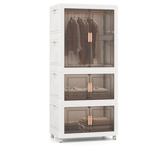 GIANTEX Caisse Rangement Plastique 421 L, Boîte de Rangement Pliable avec Couvercle, roulettes, 10 Cintres, Poignées, Armoire à Vetement pour Chambre à...