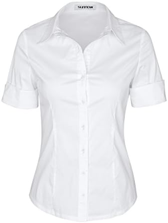 SUNNOW Womens Tailored Short Sleeve Basic Simple Button-Down Shirt with Stretch White