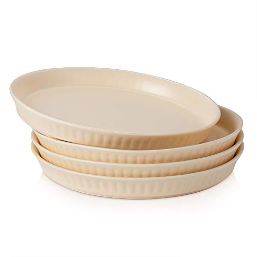 DOWAN Ceramic Pie Pan Set of 4 - 10" Quiche Pan for Baking, Porcelain Baking Dish Tart Pan for Pie, Pizza, Crustless Quiche, Chicken Pot, Large Dinner Serving Plates Microwave Safe, Beige