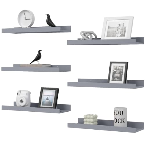 Floating Shelves Set of 6, Grey Wall Shelves with Lip, Display Shelves for Wall Decor, Modern Picture Ledge for Living Room, Bedroom, Nursery, Bathroom, Pictures, Books, Plants- Grey