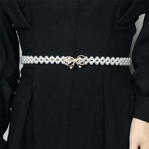 auwiyd Elegant Rhinestone Pearl Elastic Waistband Luxury Bow Belt Dress Crystal Waist Strap Pearl Waistband for Women and Girls Fashion Bow Dress Belt Skirt Clothing Decoration 2 PCS, White2