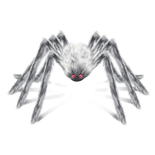 AMLOOPH Giant Scary Spider Halloween Decorations Outdoor Indoor - 59'' Fake Large Hairy Halloween Spider Props Decorations for Spiderweb, Garden, Tree, Party & Haunted House Decor (Gray)
