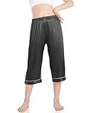 Wantschun Womens Capri Pajama Pants Satin Silk Causal Lounge Bottoms Sleep Pants Nightwear Loose Fit Elastic Waist Black ; X-Large