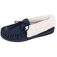 Cushion Walk Ladies Real Suede Leather Faux Sheepskin Fur Lined Moccasin Slippers Size 4-8 (UK 5/ EU 38, Navy)