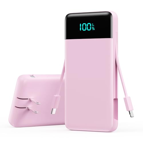 Portable Charger with Built-in AC Plug and Cables,13800mAh All in One USB C Fast Charging Power Bank,Travel Essentials Portable Phone Charger Battery Pack for iPhone 17/16/15/14/13,Galaxy,Android-Pink