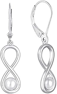 JO WISDOM Women Infinity Earrings,925 Sterling Silver 5mm Pearl Leverback Dangle & Drop Earrings with 3A Cubic Zirconia