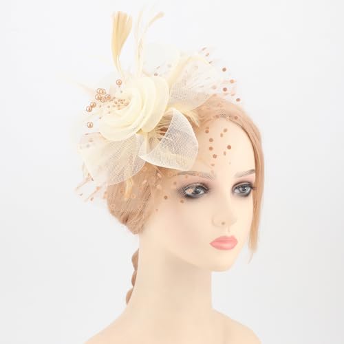 Image of DRESHOW 1920s Vintage Fascinators Hat for Women Veil Mesh Tea Party Derby Hat Bow Satin Gloves Pearl Jewelry Set for Cocktail