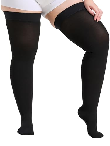 Image of Extra Wide 5XL 15-20 mmHg Compression Stockings for Men and Women, Over the Knee Compression Hose with Closed Toe, Dot-Top, Thigh High Length for Circulation, Arthritis, Edema, Swelling, Black