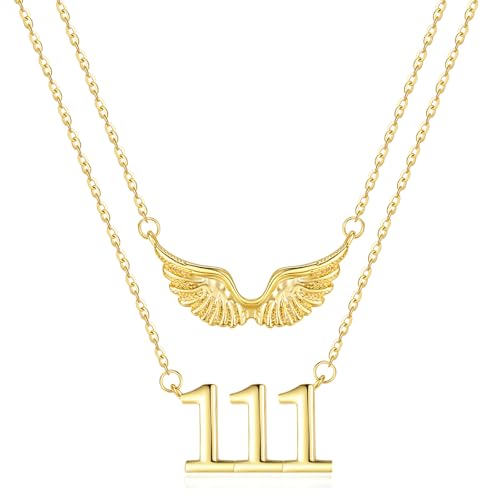 JIYVY32 14K Gold Plated Angel Number Layered Necklace for Women 111 Necklace Stack Angel Wings Pendant Lucky Numerology Jewelry Gifts