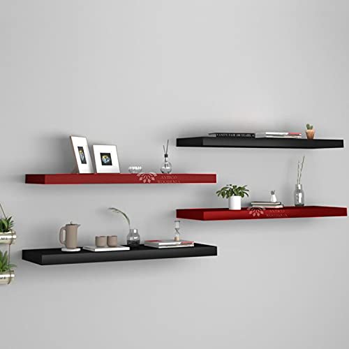 Image of Aries Wooden Floating Wall Shelf| Wall Rack Shelf | Wall Mount for Living Room, Bedroom, Kitchen (Set of 4 Black and Red, Large)