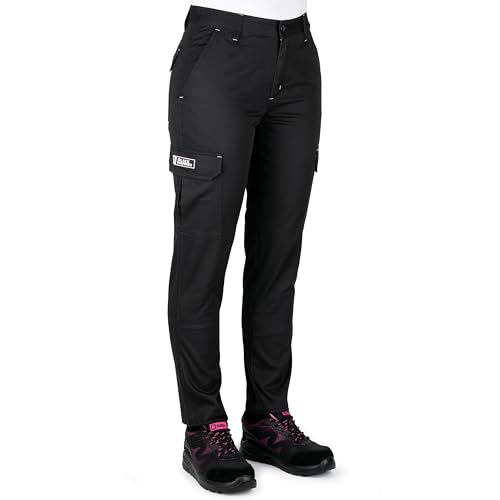 Black Hammer Womens Cargo Work Trousers Multi Pockets Elastic Waist Heavy Duty Triple Stitched Reinforcing Stress Point Endure Workwear (Size 12, 30" Leg) Black
