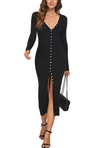 Cmz2005 Women's V Neck Long Sleeve Knit Cardigan Dress Bodycon Outerwear Button Down Sweater Maxi Dress 6088 (Black, Small) #TOP1