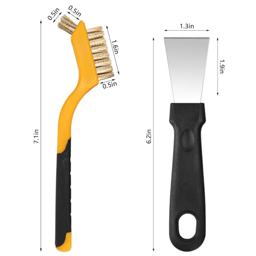 6 Pcs Premium Wire Brush Set, Brass/Nylon/Steel Brushes with Curved Handle, Cleaning Spatula, Removes Rust, Scratches, Weld Slag, Paint & Stain