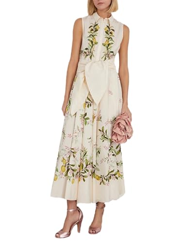 Women Lapel Sleeveless High Waist Spliced Lace Up Temperament Elegant Printing Dress