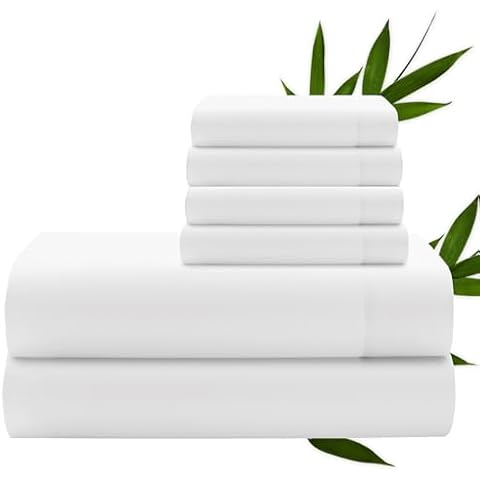 TOSMO Luxury Sheets Set 6 Piece Full Size - 100% Viscose Derived from Bamboo - 18” Extra Deep Pockets, Oeko-Tex Certified, Silky Soft, Cooling and Breathable (Full, White) Cover