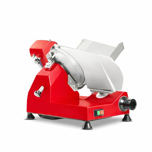 Gasfrit – Cortafiambres Profesional Eléctrico 300 mm, Cortadora de Fiambres y Jamón, 250 W, Aluminio y Acero Inoxidable, Afilador Integrado, Espesor Ajustable 0–18 mm, Uso Profesional (Rojo)