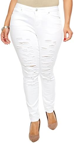 Jack David Womens Plus Size Ripped Skinny White Denim Jeans Distressed Stretch Pants (14, White)