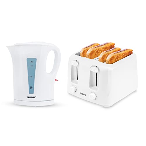 GEEPAS 1.7L Electric Kettle & 4 Slice Bread Toaster Kitchen Combo Set | 2200W Cordless Jug Kettle Auto Shut-Off | 1400W Toastie Machine 6 Browning Level Removable Crumb Tray | 2 Year Warranty, White