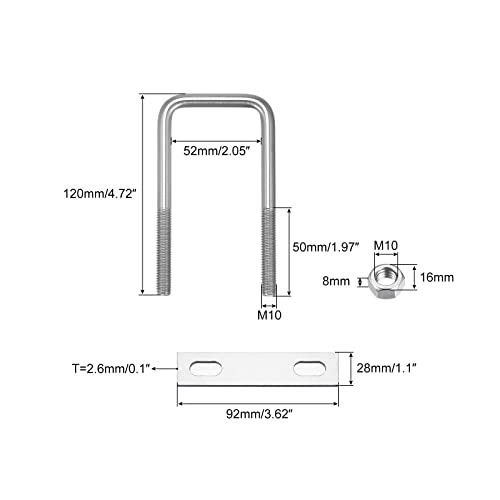 Image of uxcell Square U-Bolts, 2 Sets 52mm(2.05 inch) Inner Width 120mm Length M10 304 Stainless Steel U Clamp Bolt with Nuts and Plates, for Boat Trailer