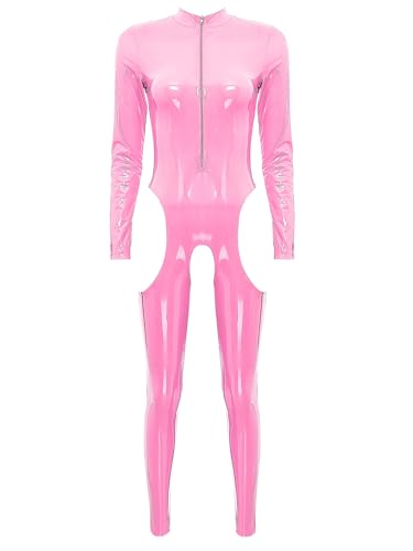 Catsuit simili cuir ouvert entrejambe avec fermeture eclair femme