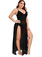 Softwrap Women's Plus Size Split Long Mesh Lingerie Dress Babydoll Chemise (XXX-Large, Black)