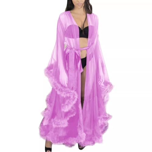 Image of Long Fur Tulle Robe for Women, Maternity Lingerie, Sexy Robe for Maternity Photoshoot