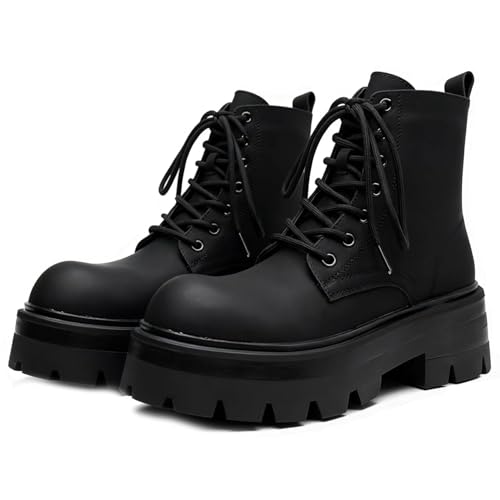 CrazySavage Men's Black Leather Lace-up Platform Combat Boots Wide Toe Side Zipper Chunky Heel Lug Sole Ankle Booties Comfort High Top Waterproof Biker Boots (Black Plus Velvet,11)