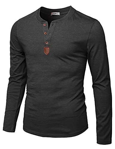 H2H Men Casual Slim Fit Spandex Blended Henley T-Shirt Long Sleeve