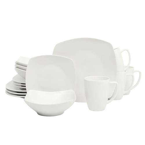 Gibson Home Zen Buffet Porcelain Chip and Scratch Resistant Dinnerware Plates, Bowls, and Mugs Set, Service for 4 (16pcs), White (Square Dishes)