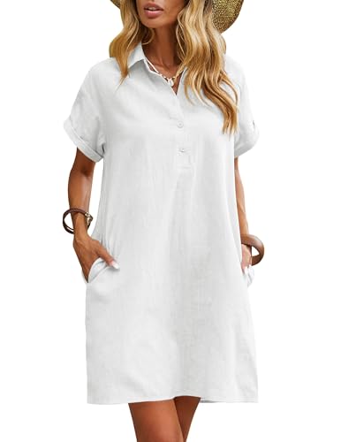 Zeagoo Robe d'été en Lin pour Femme Longueur Genou Décontractée Manches Courtes Chemise Robe de Plage Robe mi-Longue avec Poches