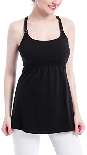 Womens Cotton Maternity Nursing Tank Tops With Shelf Bra Breastfeeding Camisole Shirts (Large, Black+Burgundy+Grey Print 3Pack) #TOP4