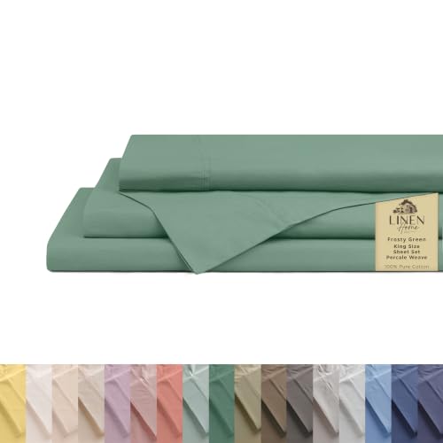 Image of Linen Home 100% Cotton Percale Sheets King Size, Frosty Green, Deep Pocket, 4 Pieces Set- 1 Flat, 1 Fitted and 2 Pillowcases, Crisp Cool and Long Staple Strong Bed Linen